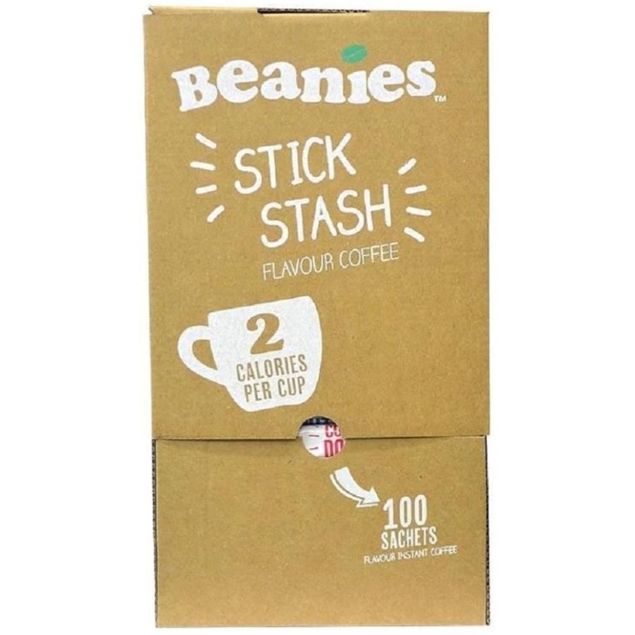 Beanies 100 Mixed Stash Box -æske med smagsat instant kaffe, 100 portionspakninger