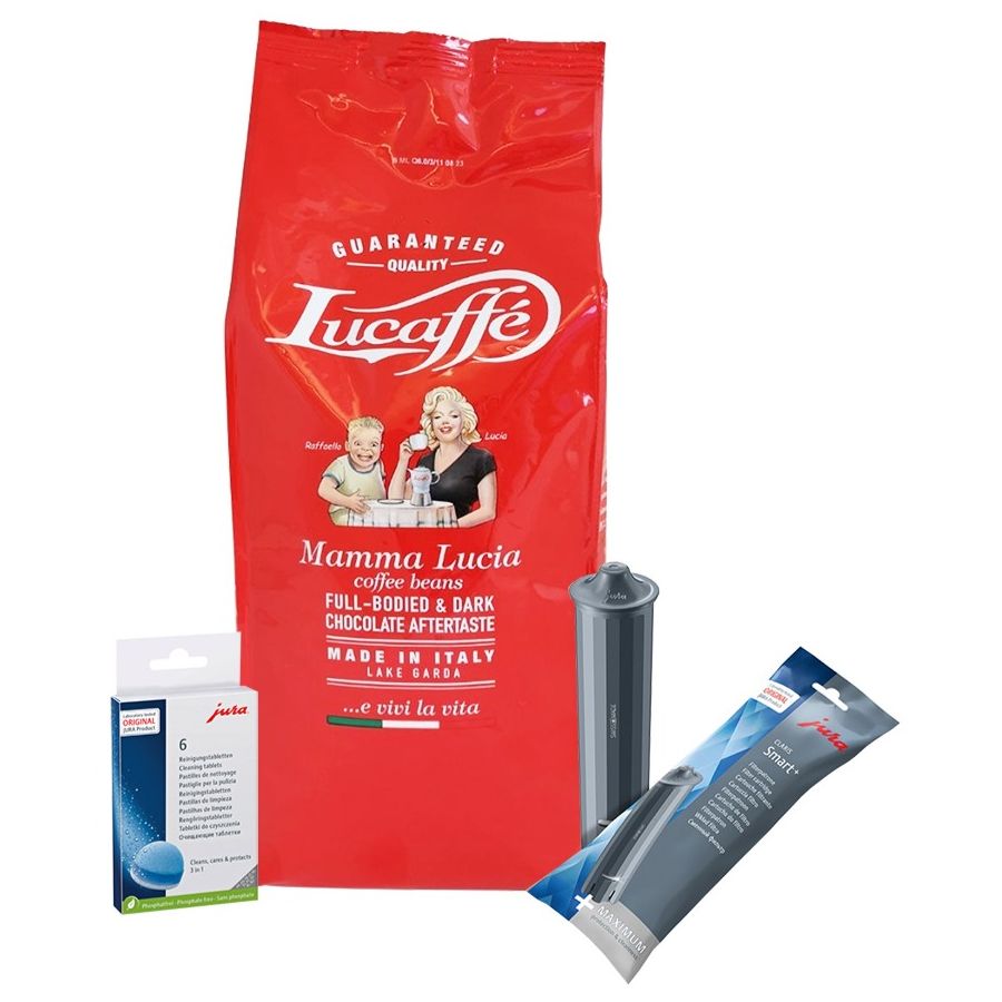 Jura Claris Smart+ vandfilter + rengøringstabletter 6 stk. + Lucaffé Mamma Lucia 1 kg kaffebønner